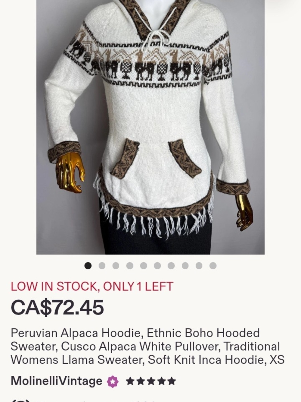 Peruvian Alpaca Hooded Sweater - White with Brown Trim